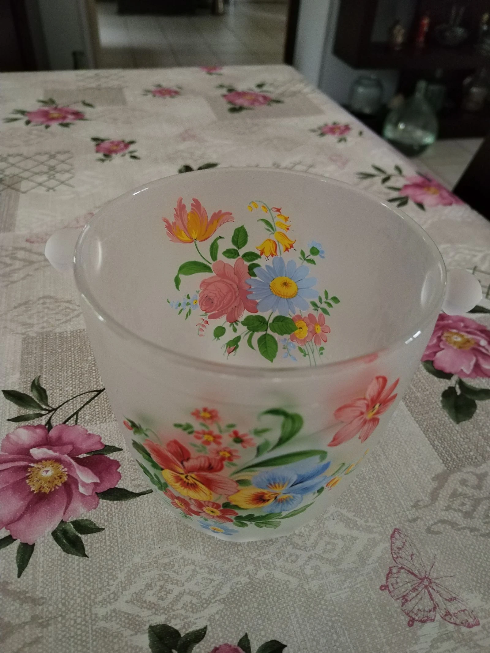 Hermoso cubo para hielo vintage con decoraciones florales de campo, vidrio escarchado – photo 6